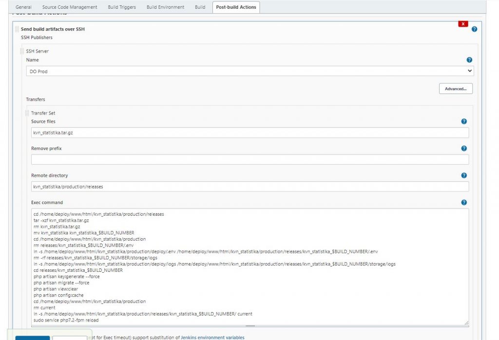 Post build section of Jenkins automated deployment